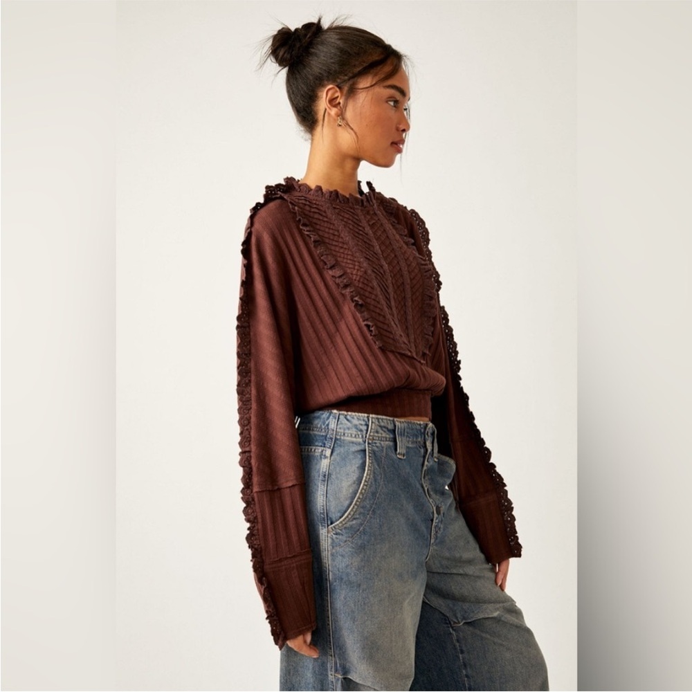 🍓Free People 🍓Brown Lace-Trimmed Sweater - Picture 4 of 14